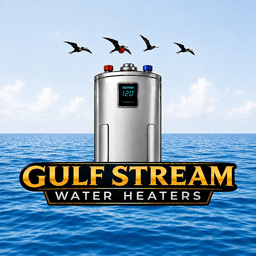 Original Gulf Stream Water Heaters branding with a silver heater, ocean, and seabirds